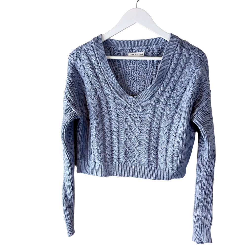Aeropostale Slouchy Cable‎ Knit V Neck Long Sleeve Cropped Pullover Sweater
